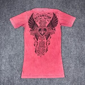 Affliction V Neck T Shirt Womens Small Red Graphic Studded Y2K Wings Heart